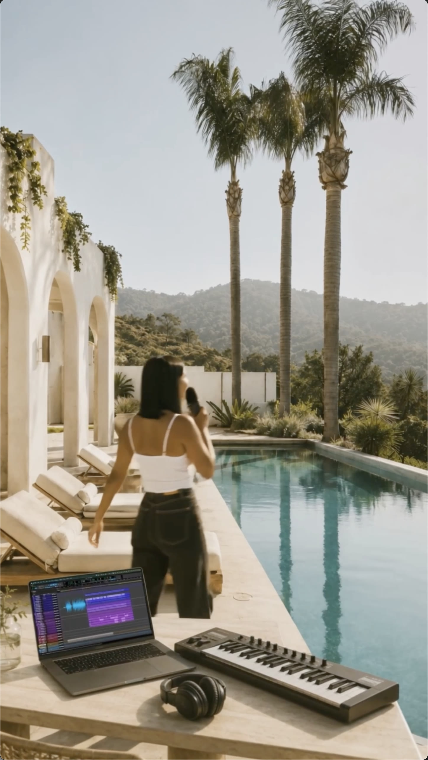 A music creator walking beside a Los Angeles pool with a laptop, keyboard, and headphones ready for a session